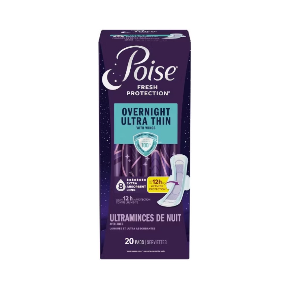Poise Ultra-Thin with Wings Long Overnight Pad 20's